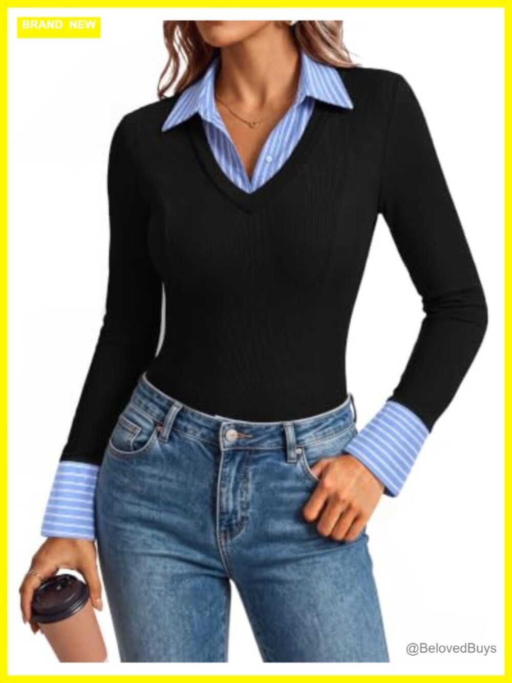 Knitted Polo Shirt Women's V-Neck Long Sleeve Slim Fit Business Casual Top